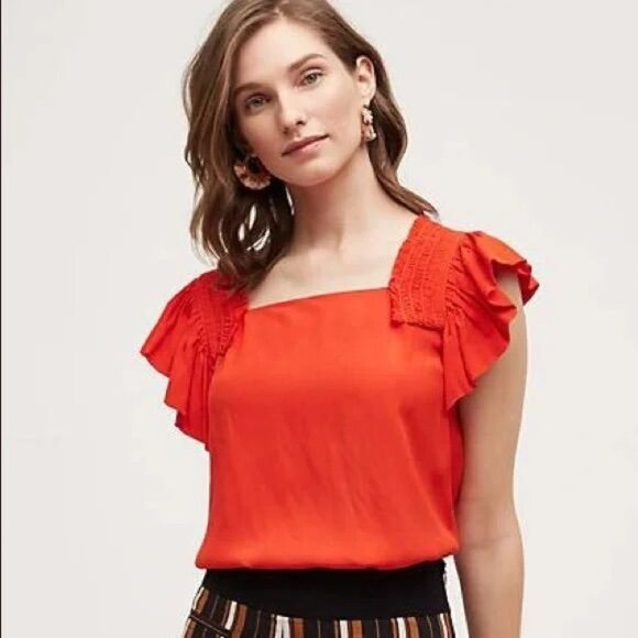 Anthropologie Maeve Red Ruffle Top 8 Smocked Square Neck Peasant Boho EUC - Picture 1 of 8